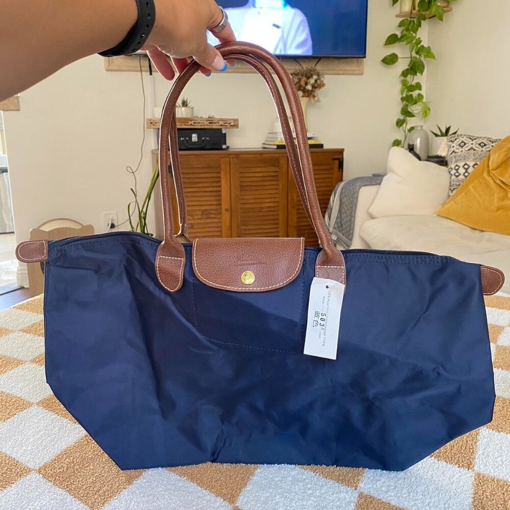 LONGCHAMP NAVY BLUE BROWN TOTE BAG PURSE